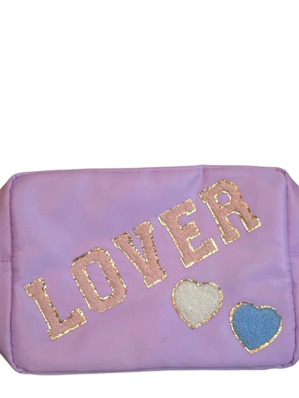 GB girls Lavender 'LOVER' Cosmetic Bag with Gold Trim and Blue & Cream Hearts